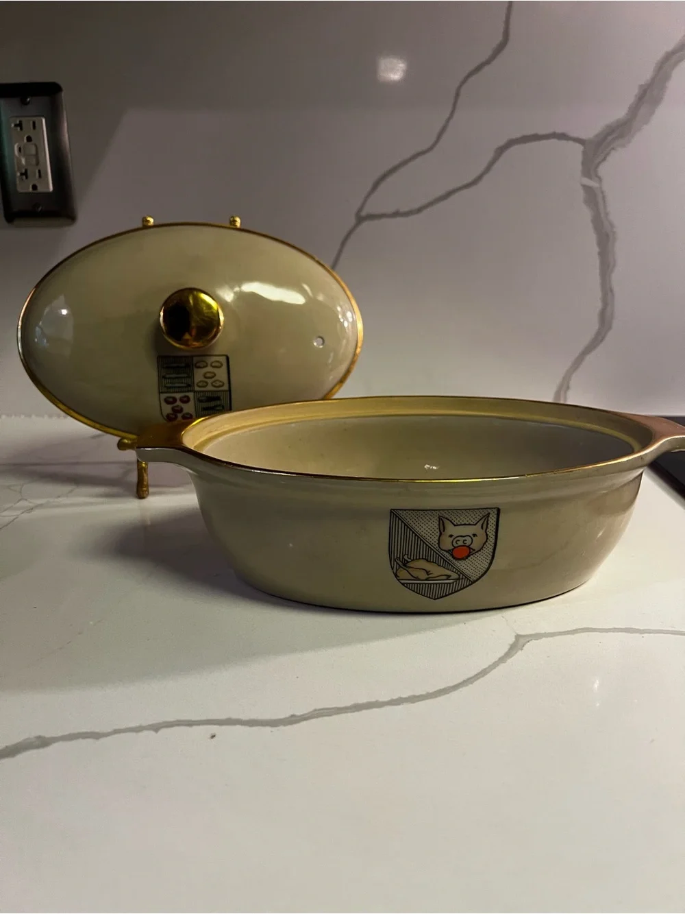 Cream Ceramic Covered Casserole Dish with Gold Trim